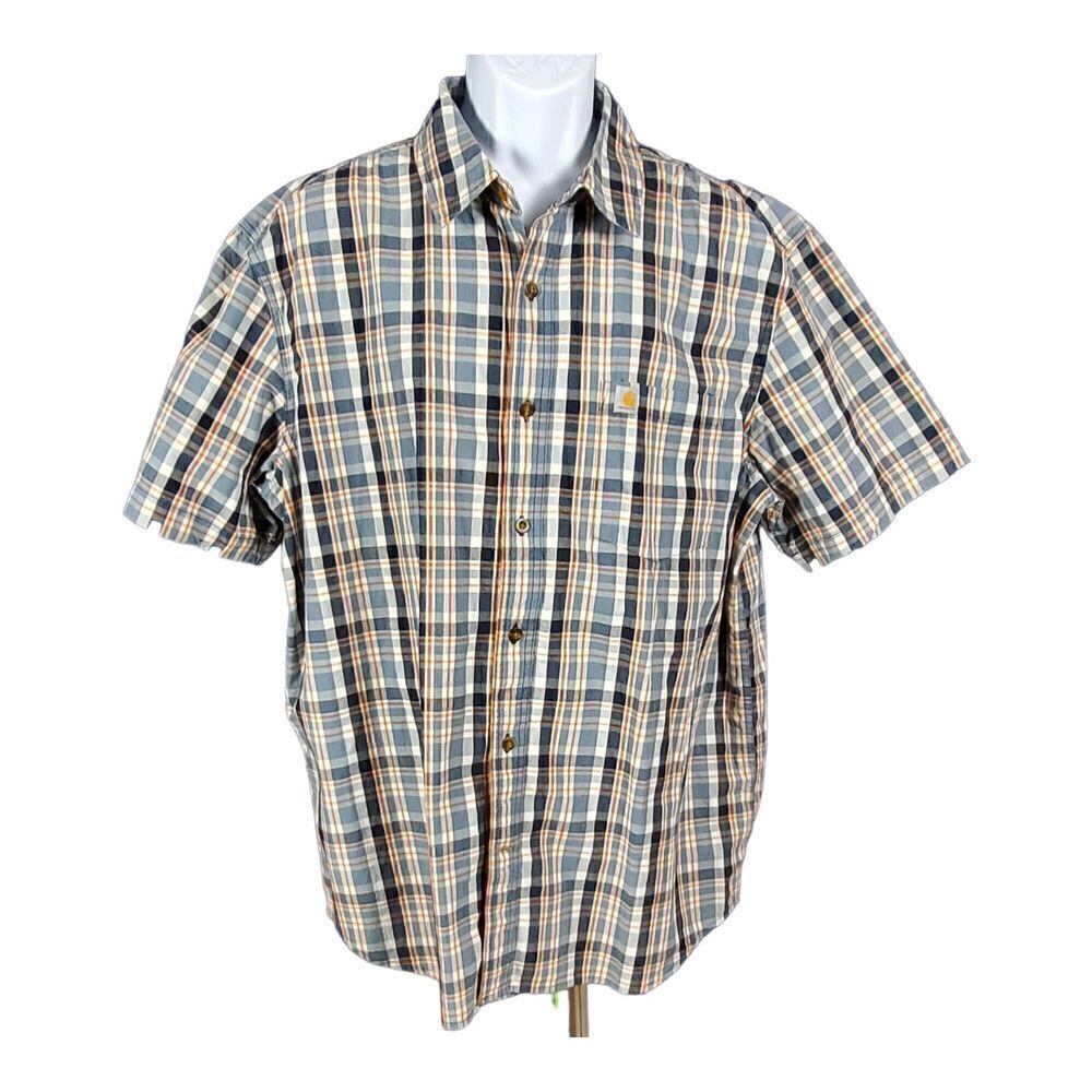Carhartt Shirt Size XL Gray Blue Short Sleeve Relaxed Fit Button Down Plaid Work